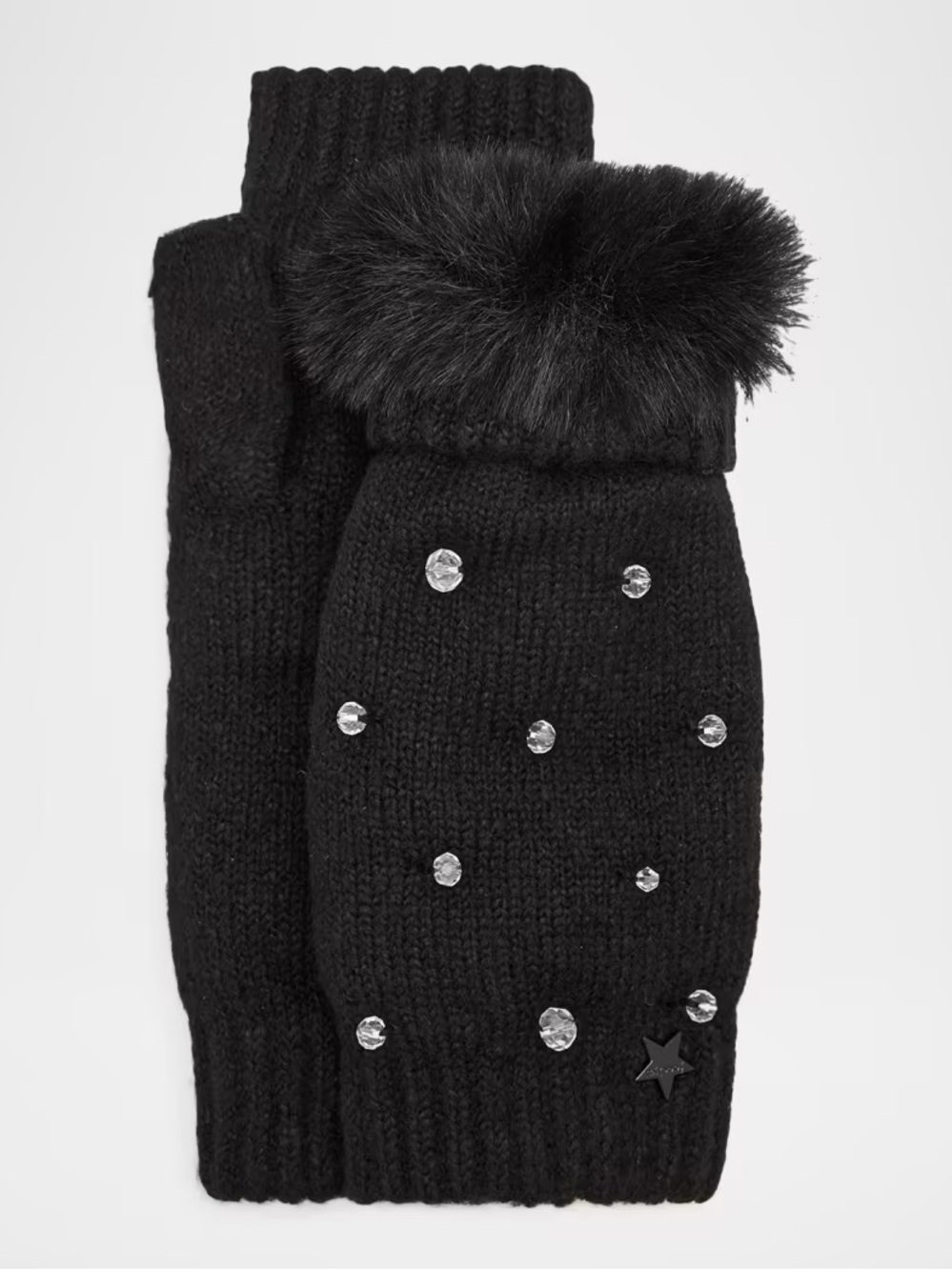 Black Faux-Fur Fingerless Knit Mittens with Crystal Accents